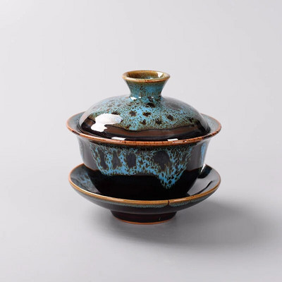 Daugiaspalvė krosnies „Fambe“ porcelianinė arbata „Tureen“ maža „Kung Fu Temmoku“ glazūra keramika „Gaiwan“ japonų meistro arbatos puodelis Retro arbatos ceremonija