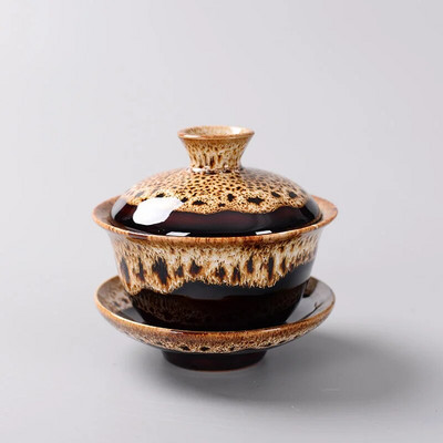 Daugiaspalvė krosnies „Fambe“ porcelianinė arbata „Tureen“ maža „Kung Fu Temmoku“ glazūra keramika „Gaiwan“ japonų meistro arbatos puodelis Retro arbatos ceremonija