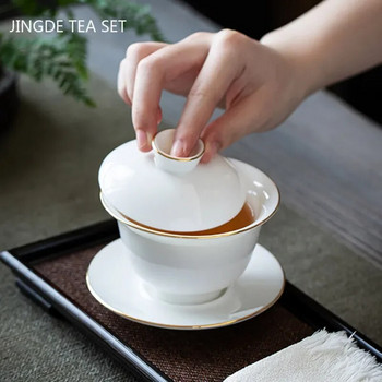 Suet Jade White Porcelain Gaiwan Чаша за чай Ръчно изработена керамична супница за чай Домашни прибори за чай Съдове за напитки Чаша за пътуване Китайска чаена церемония