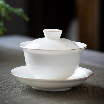 Suet Jade White Porcelian Gaiwan arbatos puodelis Rankų darbo keraminė arbata Tureen Namų arbatos indai Gėrimų indai Kelioninis puodelis Kinų arbatos ceremonija