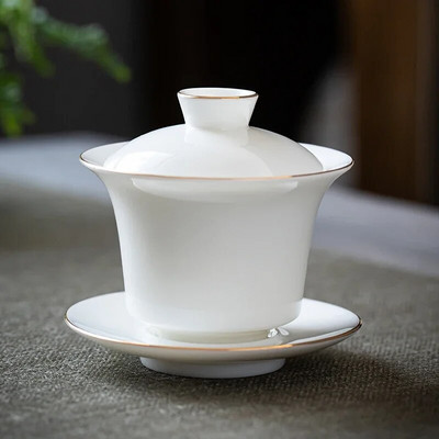 Suet Jade White Porcelian Gaiwan arbatos puodelis Rankų darbo keraminė arbata Tureen Namų arbatos indai Gėrimų indai Kelioninis puodelis Kinų arbatos ceremonija