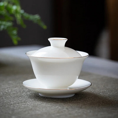 Suet Jade White Porcelian Gaiwan arbatos puodelis Rankų darbo keraminė arbata Tureen Namų arbatos indai Gėrimų indai Kelioninis puodelis Kinų arbatos ceremonija