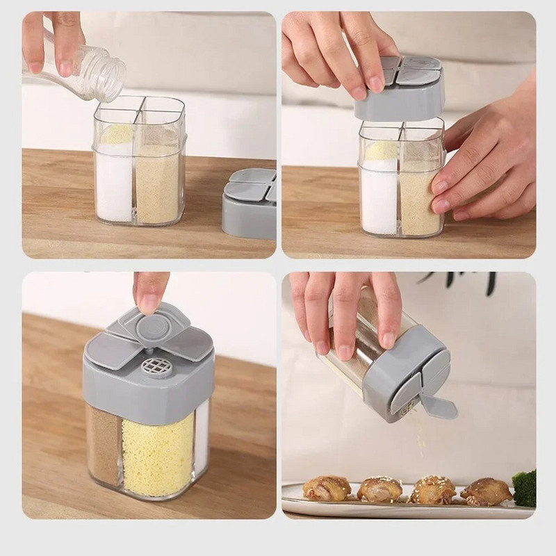 4 az 1-ben fűszeres tégely kültéri kemping só- és borsszóró átlátszó fűszeradagoló 4 rekes fedővel a grillezéshez