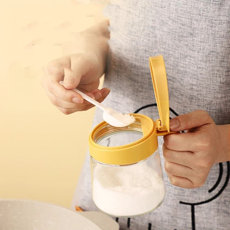 Stiklinis prieskonių indas Apverčiamas druskos plaktuvas Buitinė prieskonių dėžutė su šaukšteliu Virtuvinis druskos indas