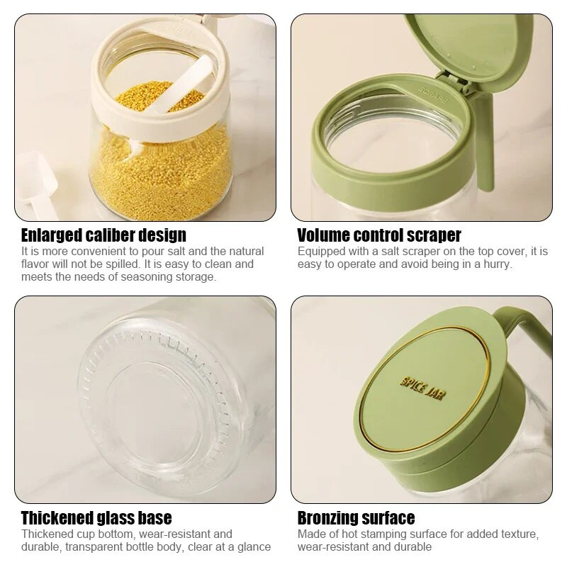 Stiklinis prieskonių indas Apverčiamas druskos plaktuvas Buitinė prieskonių dėžutė su šaukšteliu Virtuvinis druskos indas