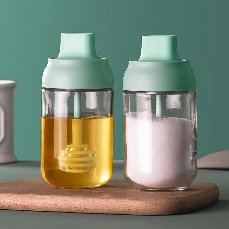 Aliejaus butelis Druskos plaktuvas Drėgmei atsparus dangtelis Šaukštas Vienas prieskonių puodas Virtuvė Daugiafunkcis prieskonių dėžutė Stiklinis prieskonių butelis