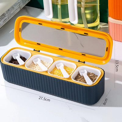 4 tinklelių prieskonių laikymo talpykla, skirta prieskonių druskai, cukrui, plastikiniams pagardų stiklainiams su šaukštų dangteliu, skirta gaminti namų virtuvėje