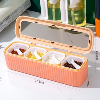 4 tinklelių prieskonių laikymo talpykla, skirta prieskonių druskai, cukrui, plastikiniams pagardų stiklainiams su šaukštų dangteliu, skirta gaminti namų virtuvėje