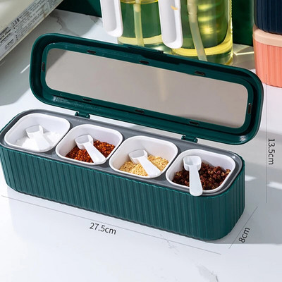 4 tinklelių prieskonių laikymo talpykla, skirta prieskonių druskai, cukrui, plastikiniams pagardų stiklainiams su šaukštų dangteliu, skirta gaminti namų virtuvėje