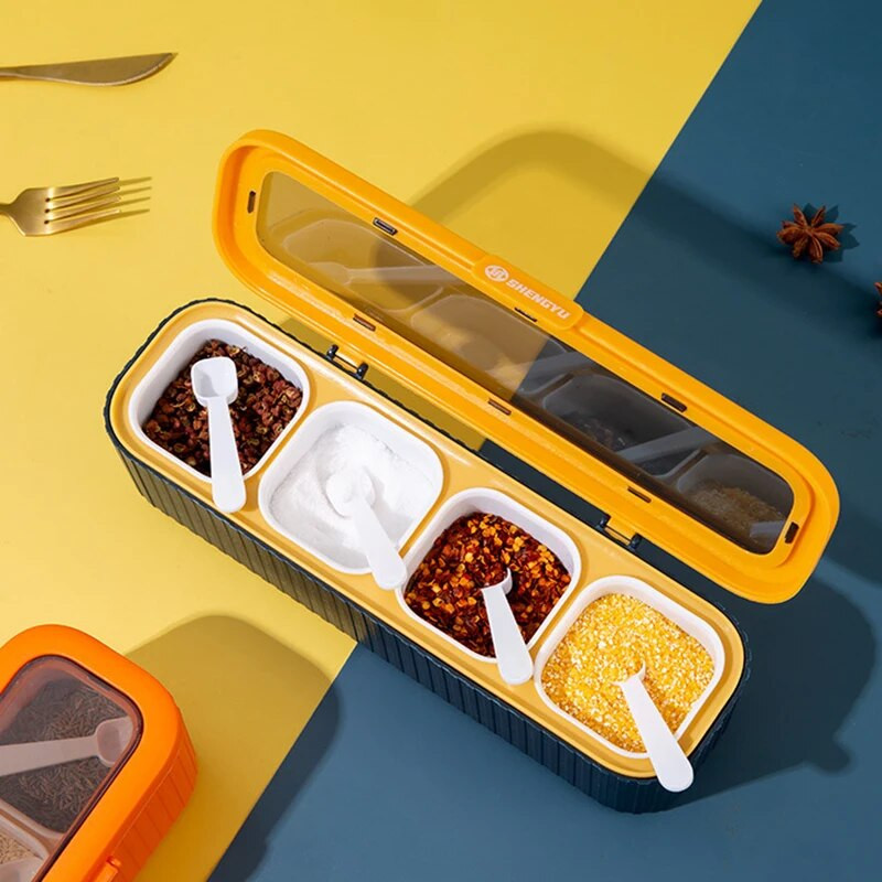 4 tinklelių prieskonių laikymo talpykla, skirta prieskonių druskai, cukrui, plastikiniams pagardų stiklainiams su šaukštų dangteliu, skirta gaminti namų virtuvėje