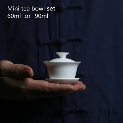 Мини 60 ml Gaiwan за чай Плътен бял порцеланов супник с капак Чаен сервиз за пътуване Kung Fu Чаен комплект Китайска чаша Чаени купи Малки Chawan