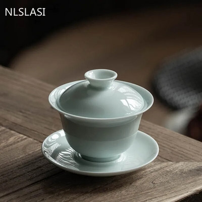 Klasszikus kerámia Tea Tureen Travel Hordozható teáskészlet otthoni egyszínű teáscsészével, kézzel készített teaszertartási kellékek Gaiwan
