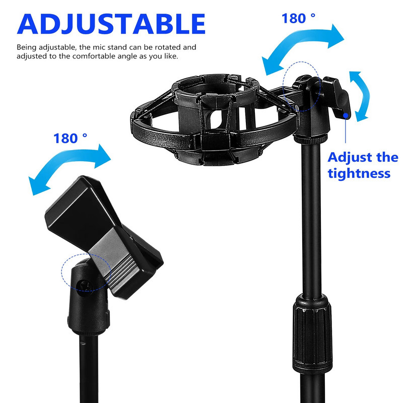 Stalinis mikrofono stovas su svertiniu pagrindu reguliuojamu mikrofono stovu su mikrofono fiksuotu segtuku ir amortizatoriaus laikikliu