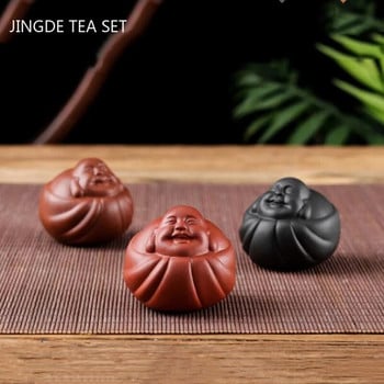 1PCS Ръчно изработен лилав глинен чай Орнаменти за домашни любимци Lucky Buddha Statue Фигурка Бутикови аксесоари за декорация на чай Настолни занаяти