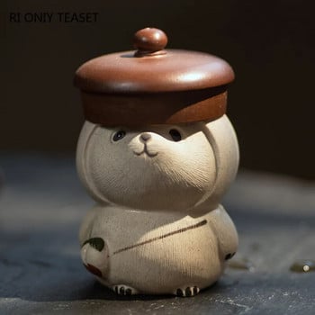 Panda Tea Pet με ροδακινί καπέλο Ροδάκινο στολίδια μοντέλου Yixing Purple Clay Tea Figurine Pet Tea Crafts Chinese Lucky Tea Set