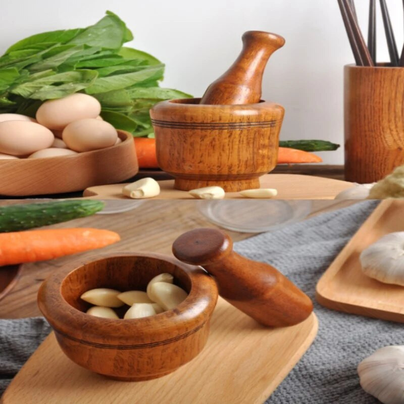 Dervos skiedinio grūstuvės rinkinys Medinis šlifavimo dubuo Buitinė virtuvė Instrukcija Česnakai Imbieras Prieskoniai Malūnėlis Skiedinio grūstuvės rinkinys