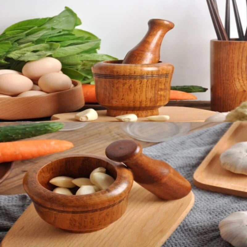 Dervos skiedinio grūstuvės rinkinys Medinis šlifavimo dubuo Buitinė virtuvė Instrukcija Česnakai Imbieras Prieskoniai Malūnėlis Skiedinio grūstuvės rinkinys