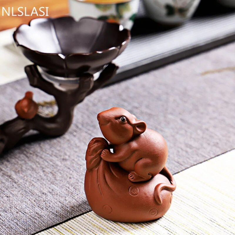 Violetinė molio arbata Naminių žiurkių Zodiako amatai Arbatinės arbatos padėklo dekoras Rankų darbo gyvūnų figūrėlės Papuošalai Kūrybinis arbatos rinkinio dekoravimas