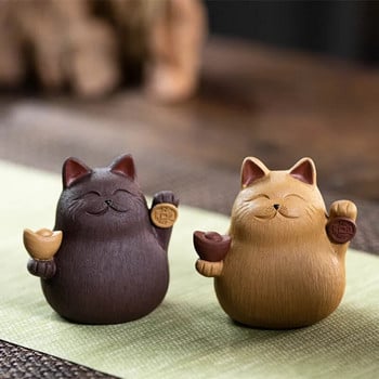 Нов лилав глинен чай Pet Cat Decoration Ръчно изработена скулптура Creative Ingot Lucky Cat Can Raise Tea Set Tea TrayDecor Accessories