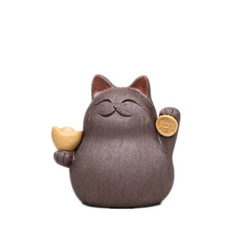 Нов лилав глинен чай Pet Cat Decoration Ръчно изработена скулптура Creative Ingot Lucky Cat Can Raise Tea Set Tea TrayDecor Accessories