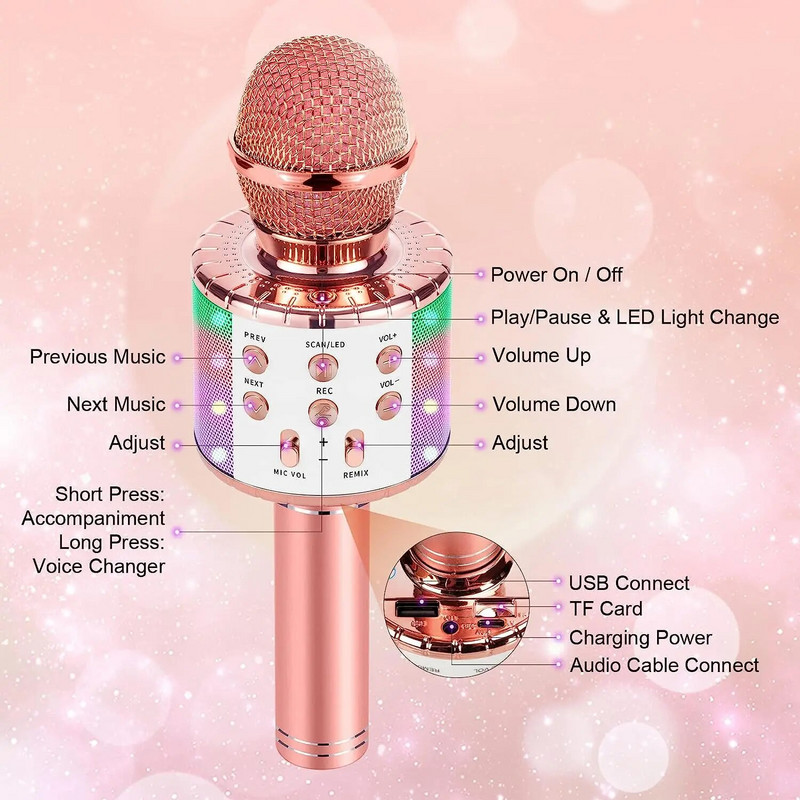 Vaikiškas nešiojamasis Bluetooth garsiakalbis, profesionalus pilnas karaoke mikrofonas, balso keitiklis, garso įrašymo įrenginys su belaidžiu mikrofonu
