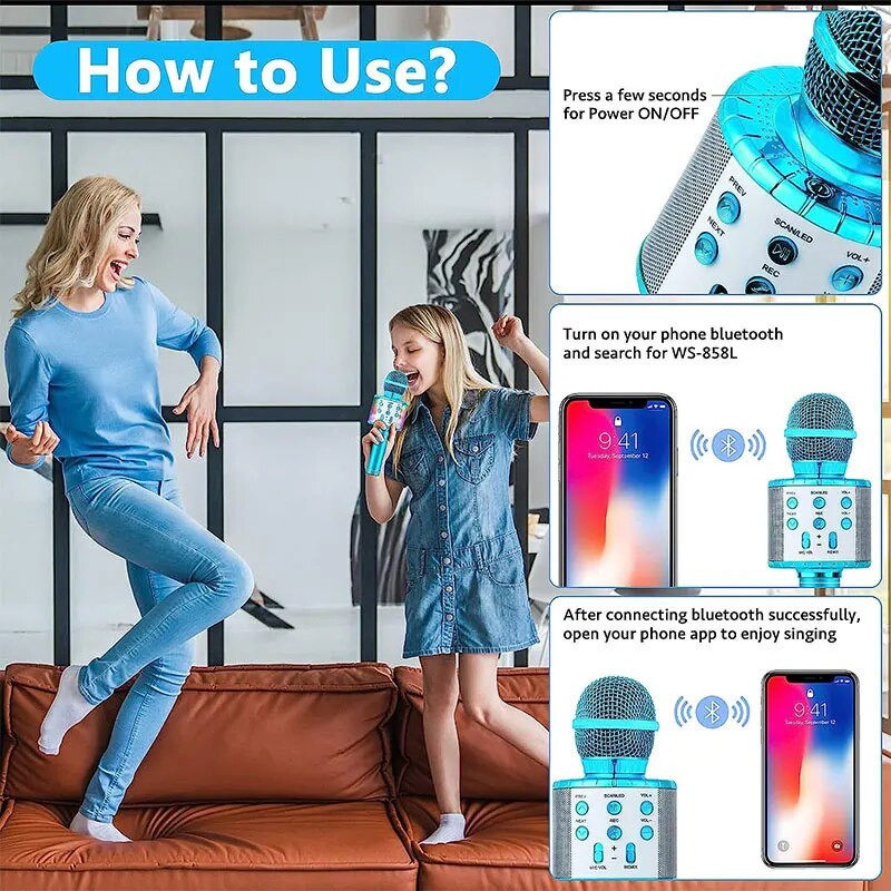 Vaikiškas nešiojamasis Bluetooth garsiakalbis, profesionalus pilnas karaoke mikrofonas, balso keitiklis, garso įrašymo įrenginys su belaidžiu mikrofonu