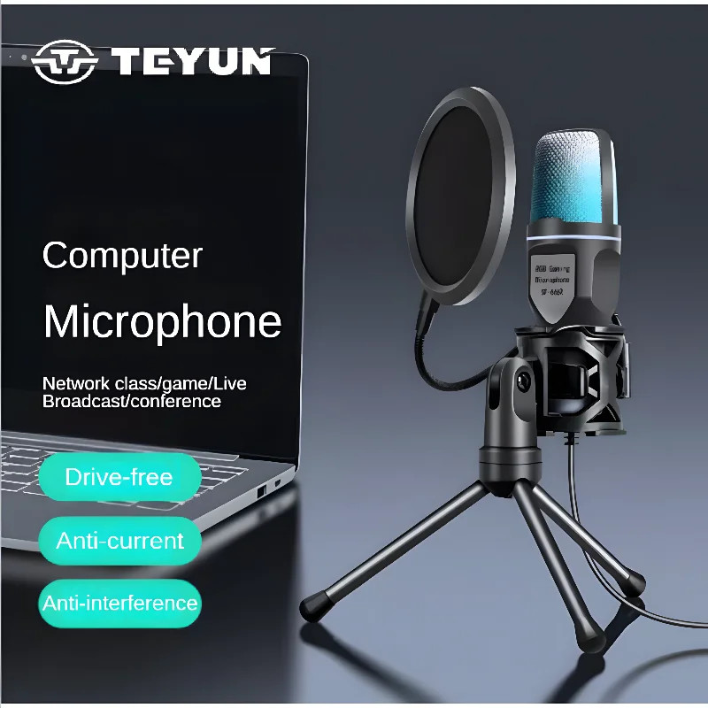 Lēts RGB 3,5 mm USB ierakstīšanas mikrofona komplekts ar triecienizturīgu statīvu klēpjdatora galddatora vadu datoru spēļu mikrofons datora mobilajam tālrunim