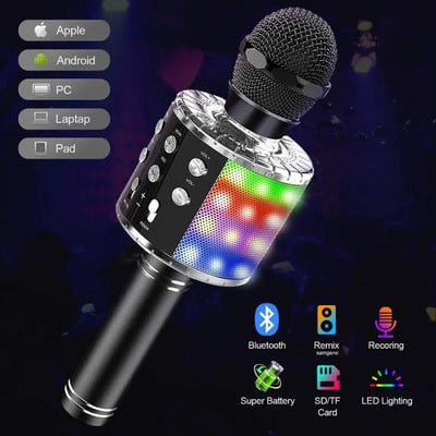 Безжичен караоке микрофон, 4 в 1 Bluetooth микрофон за деца със светодиодни светлини Функция за запис на ремикс на високоговорител