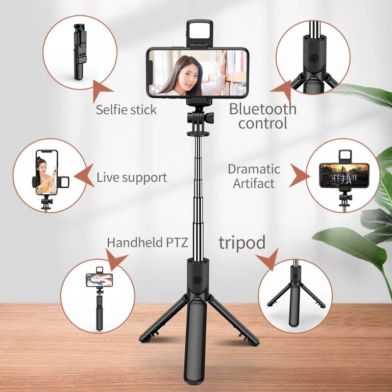 Uus 3-ühes juhtmevaba Selfie statiiv täitevalgustusega Bluetoothi katikuga kaugjuhtimispult Kaasaskantav kokkupandav monopod nutitelefonile