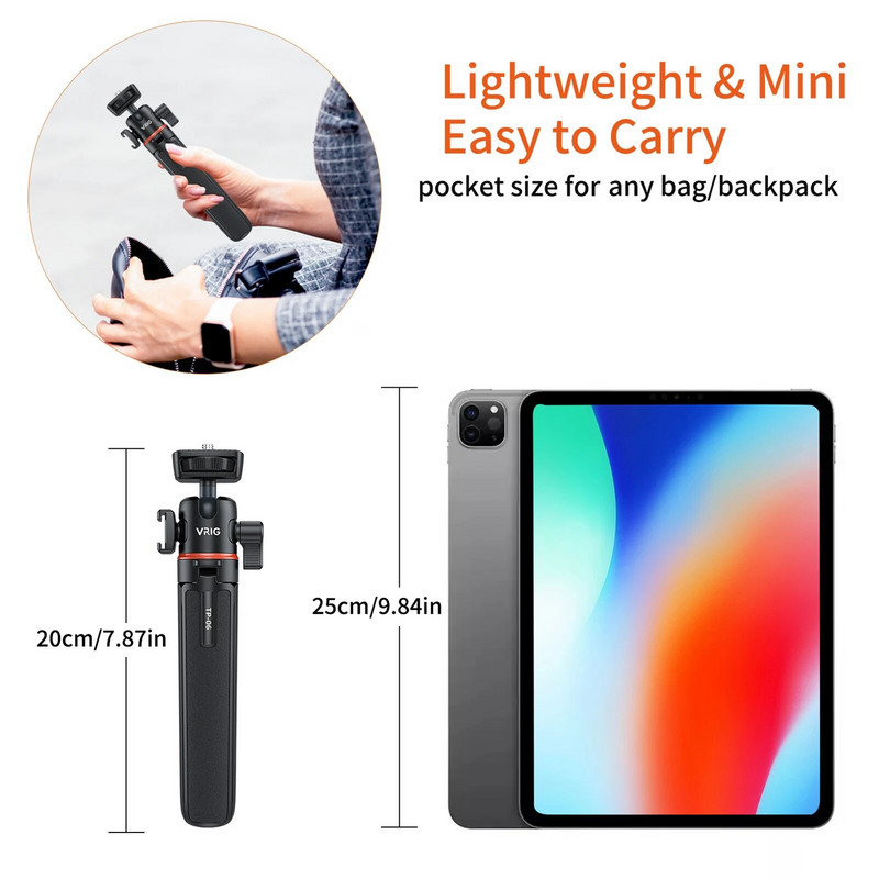 VRIG TP-06 „Selfie Stick“ trikojo stovas, aliuminio lydinio 1/4 colio šalto bato tvirtinimo pasukama rutulinė galvutė, 55 cm 1,5 kg apkrova tiesioginiam srautui