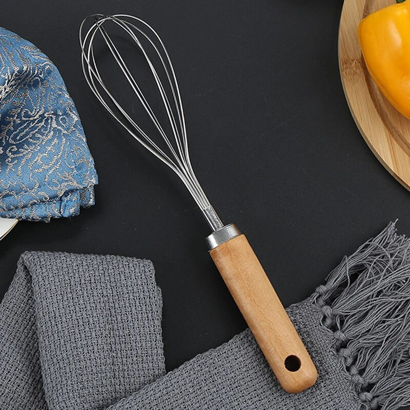 27 cm nerūdijančio plieno kiaušinių plaktuvas su medine rankena viela Balioninis plaktuvas Pieno kiaušinių plakiklis Kiaušinių maišymo maišytuvas Virtuvės rankinis kiaušinių maišiklis