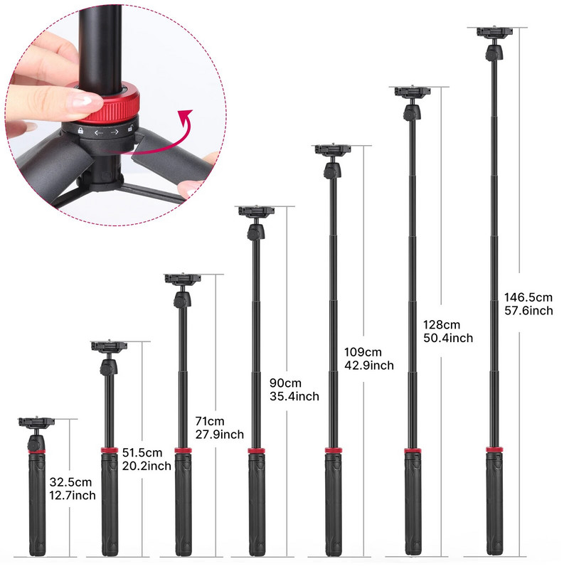 Mini trikojo stovas Lankstus nešiojamas asmenukių lazdas su pasukama rutuline galvute greito atlaisvinimo plokšte Maks. Apkrovos guolis 1,5 kg