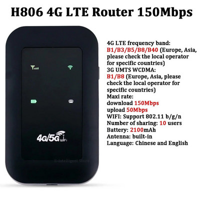 4G Lte Router Hordozható mobil hotspot 2100 mAh 150 Mbps vezeték nélküli router SIM-kártya foglalattal rendelkező Wi-Fi átjátszóval kültéri utazáshoz otthon