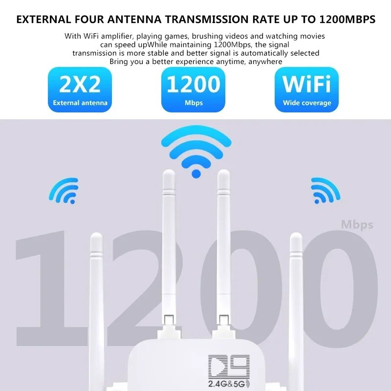 5Ghz belaidis WiFi kartotuvas 1200Mbps maršrutizatorius Wifi Booster 2.4G Wifi ilgo nuotolio plėstuvas 5G Wi-Fi signalo stiprintuvas kartotuvas Wifi