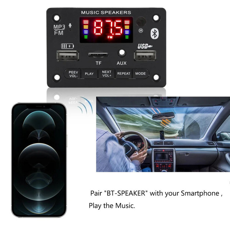 12V Bluetooth 5.0 MP3 dekodavimo plokštės modulis belaidis automobilinis USB MP3 grotuvas TF kortelės lizdas USB FM su mikrofonu laisvų rankų įranga