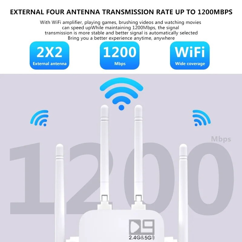 5Ghz belaidis WiFi kartotuvas 1200Mbps maršrutizatorius Wifi Booster 2.4G Wifi ilgo nuotolio plėstuvas 5G Wi-Fi signalo stiprintuvas kartotuvas Wifi