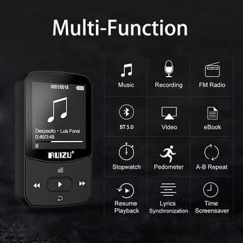 RUIZU X52 Спортен Bluetooth MP3 плейър Преносим мини музикален уокмен със задно кламер, Поддръжка на FM/рекордер/MP4 видео плейър 2,4-инчов екран