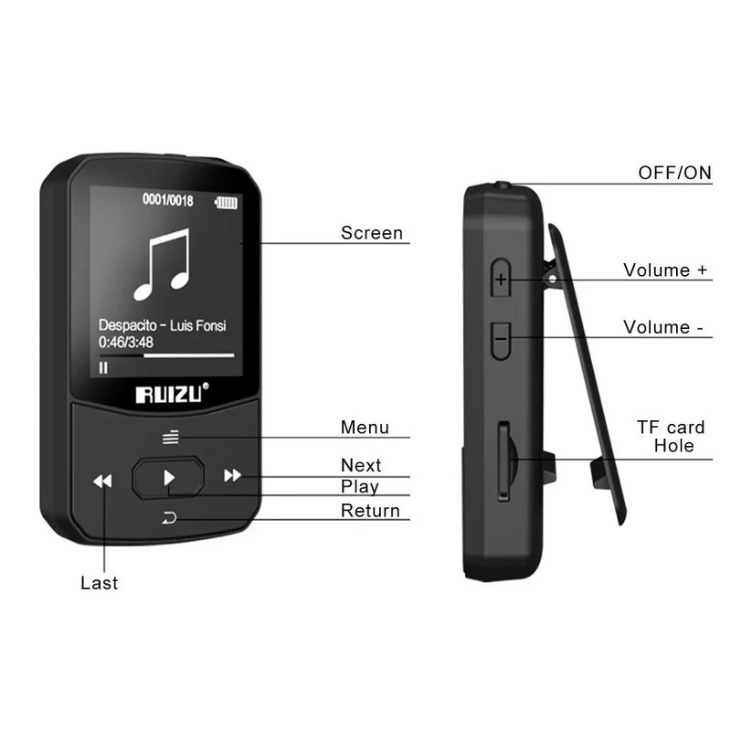 RUIZU X52 Sports Bluetooth MP3-mängija kaasaskantav seljaklamber Mini Music Walkman, toetab FM-i/salvestit/MP4-videopleierit 2,4-tolline ekraan
