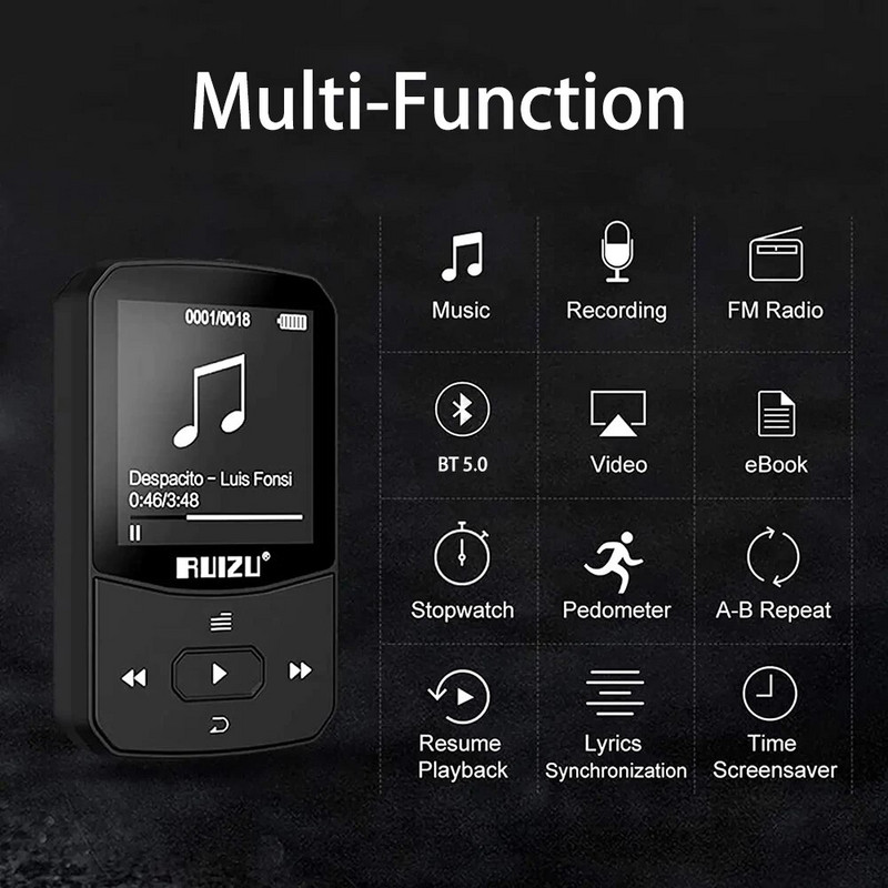 RUIZU X52 Sports Bluetooth MP3-mängija kaasaskantav seljaklamber Mini Music Walkman, toetab FM-i/salvestit/MP4-videopleierit 2,4-tolline ekraan