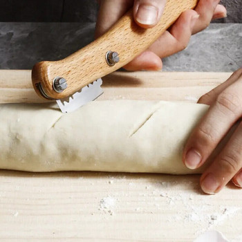 1 бр. Дървена дръжка за хляб Lame Инструмент за нарязване на хляб Резачка за тесто с 5 остриета за домашна кухня Инструмент за печене