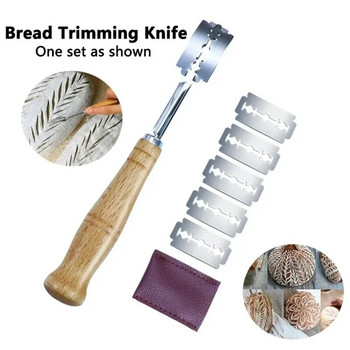 Дъга за хляб Извит нож Хлебопекарско острие Инструмент за рязане Дървена дръжка с 5 бр. Резервни остриета Аксесоар за нож за правене на тесто
