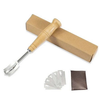 Cuțit curbat cu arc pentru pâine Instrument de tăiere a lamei pentru brutărie Mâner din lemn cu 5 bucăți lame de schimb Accesoriu pentru tăietorul de aluat