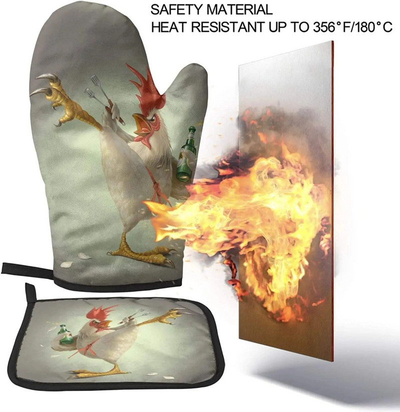 Juokingos vištienos orkaitės pirštinės ir puodų laikikliai, karščiui atsparūs virtuvės pirštinės su spaudiniu, skirtos kepti ant grotelių mikrobangų krosnelėje