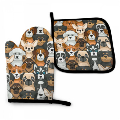 Mielas šunų orkaitės pirštinių ir puodo laikiklio rinkinys, karščiui atsparios neslystančios virtuvinės pirštinės su vidiniu medvilnės sluoksniu kepimui ant grotelių