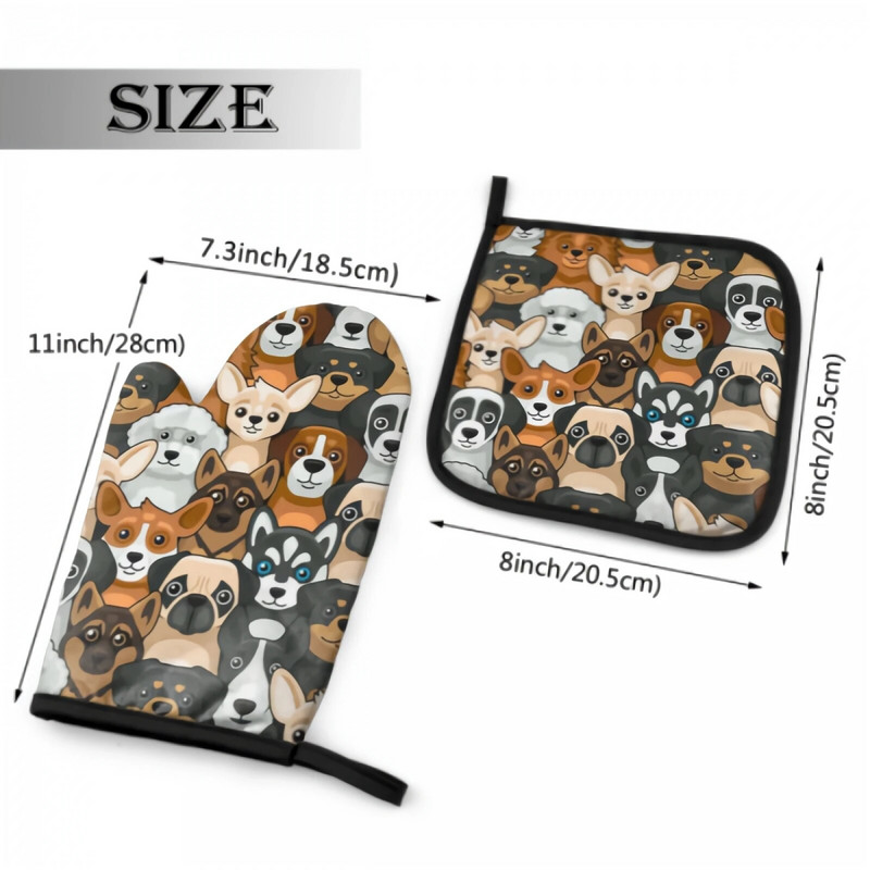 Mielas šunų orkaitės pirštinių ir puodo laikiklio rinkinys, karščiui atsparios neslystančios virtuvinės pirštinės su vidiniu medvilnės sluoksniu kepimui ant grotelių