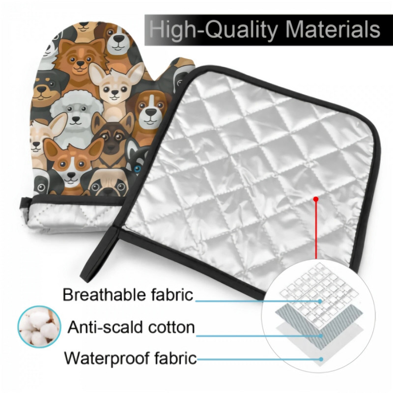 Mielas šunų orkaitės pirštinių ir puodo laikiklio rinkinys, karščiui atsparios neslystančios virtuvinės pirštinės su vidiniu medvilnės sluoksniu kepimui ant grotelių