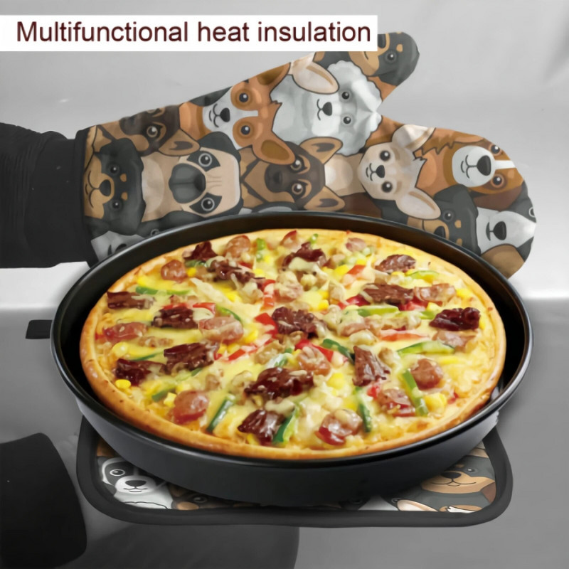 Mielas šunų orkaitės pirštinių ir puodo laikiklio rinkinys, karščiui atsparios neslystančios virtuvinės pirštinės su vidiniu medvilnės sluoksniu kepimui ant grotelių