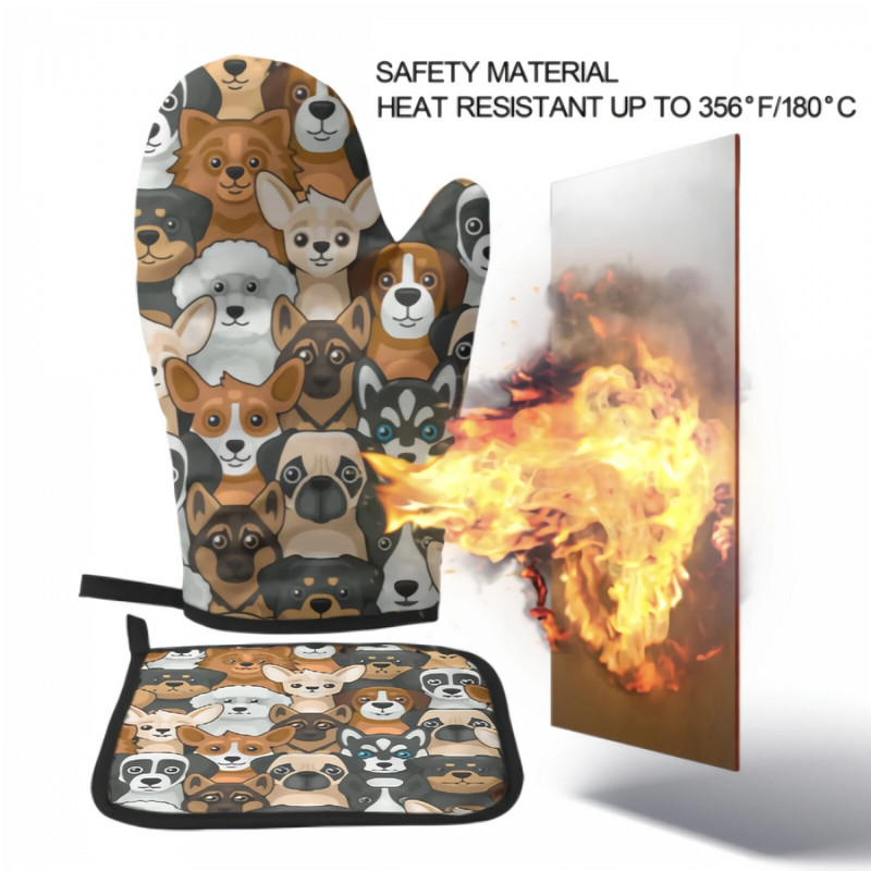 Mielas šunų orkaitės pirštinių ir puodo laikiklio rinkinys, karščiui atsparios neslystančios virtuvinės pirštinės su vidiniu medvilnės sluoksniu kepimui ant grotelių