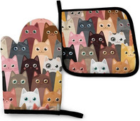 Juokingi orkaitės pirštinės ir puodų laikiklių rinkinys Mielos katės, izoliuotos pirštinės ir virtuvės saugūs kilimėliai, skirti virti ant grotelių, kepti ant grotelių