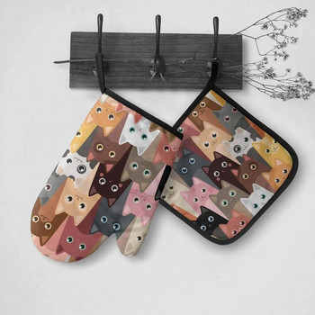 Комплект забавни ръкавици за фурна и поставки за тенджери Сладки котки Изолирани ръкавици и кухненски плот Безопасни подложки за готвене Барбекю Печене Грил